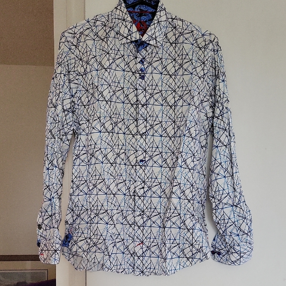 Au Noir Men's Blue and White Geometric Pattern Shirt
